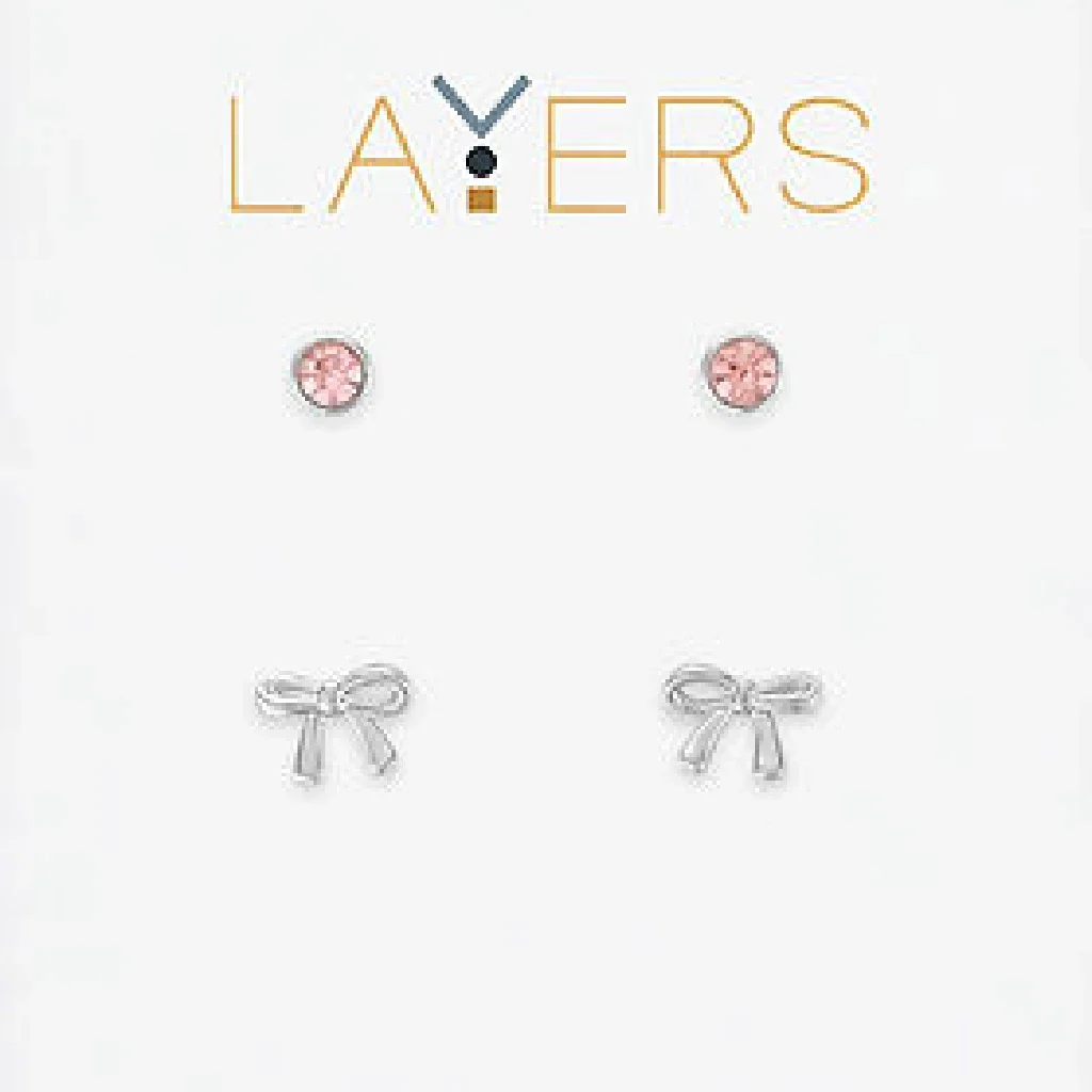 Center Court : Silver Pink CZ & Bow Duo Stud Layers Earring