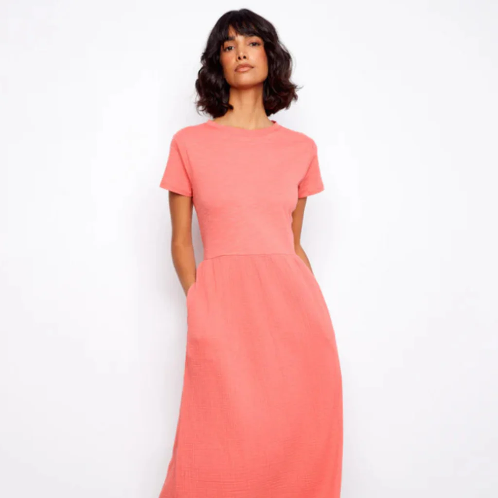 Charlie B : Cotton Short Sleeve Midi Dress in Sorbet - Image 2