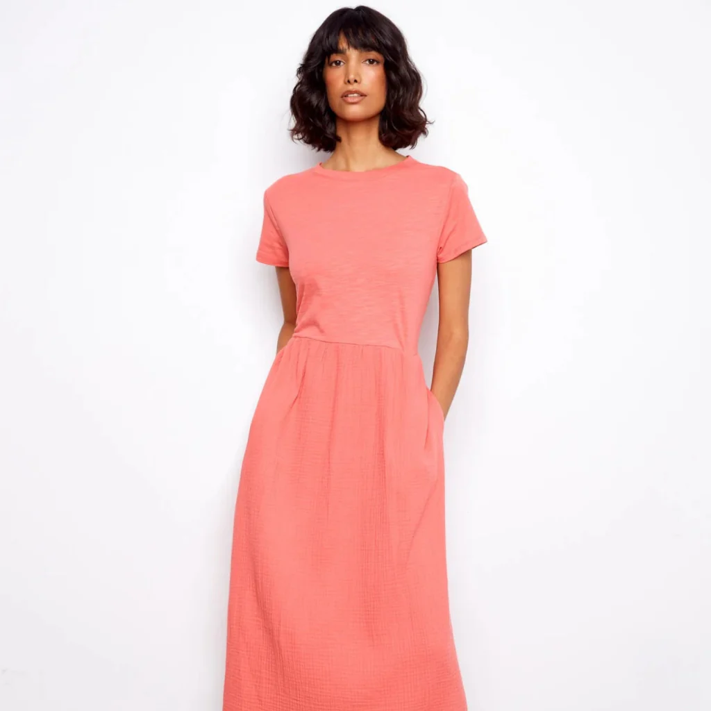 Charlie B : Cotton Short Sleeve Midi Dress in Sorbet - Image 3