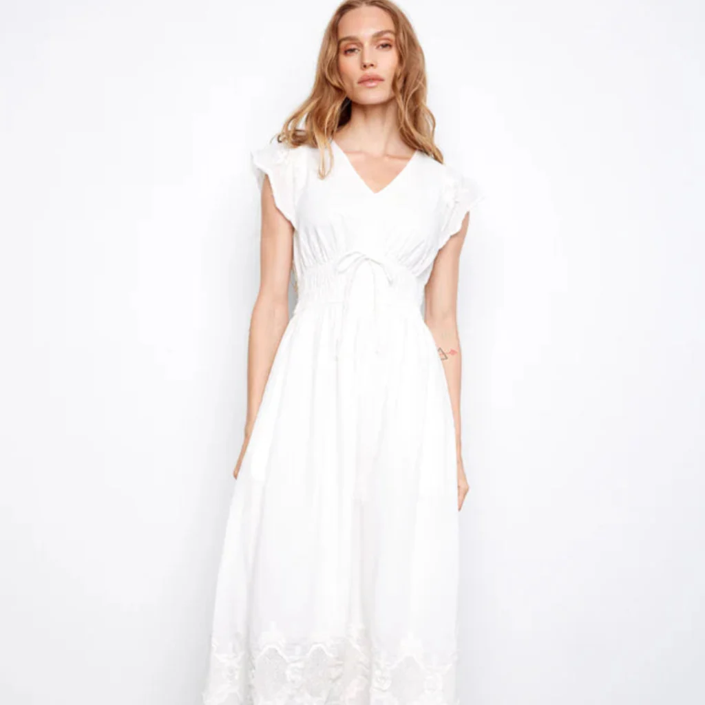 Charlie B : Embroidered V-Neck Midi Dress White