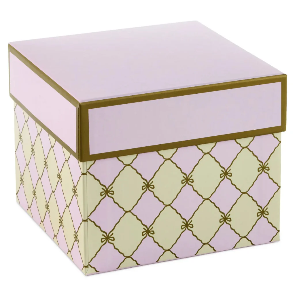 Hallmark : 5" Square Gold Bow Lattice on Pink and Cream Gift Box