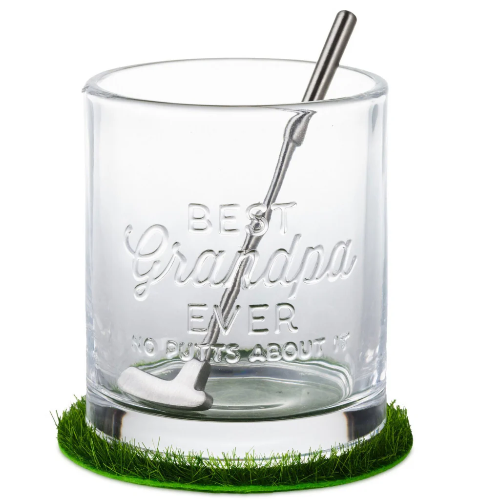 Hallmark : Best Grandpa Ever Lowball Glass With Golf Club Stirrer and Turf Coaster, 8.5 oz.