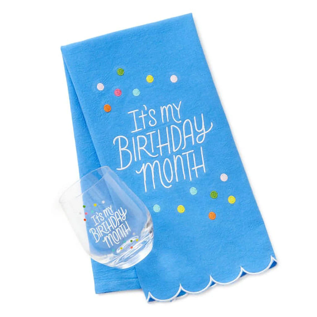 Hallmark : Birthday Month Tea Towel and Wine Glass Bundle