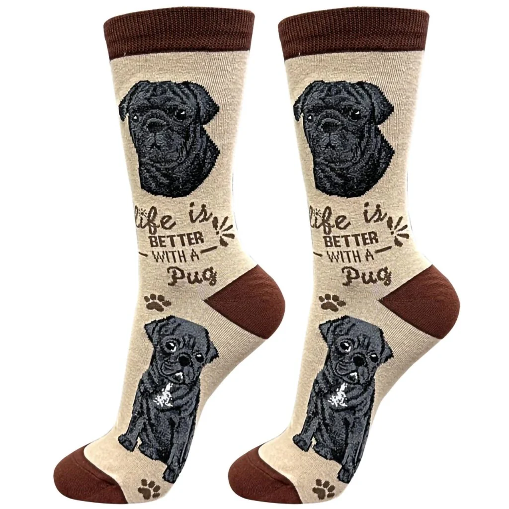 Life Is Better : Crew Socks - Black Pug