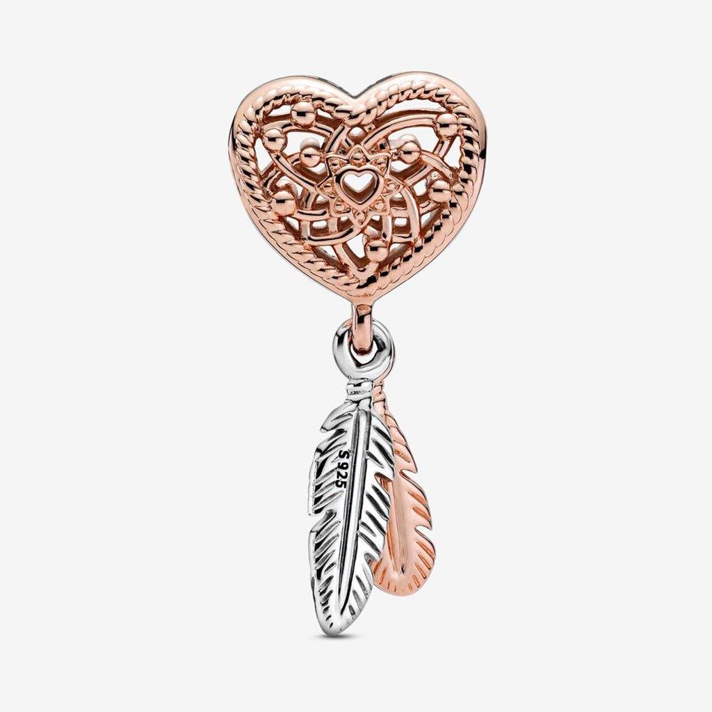 PANDORA : Openwork Heart & Two Feathers Dreamcatcher Charm - Image 3