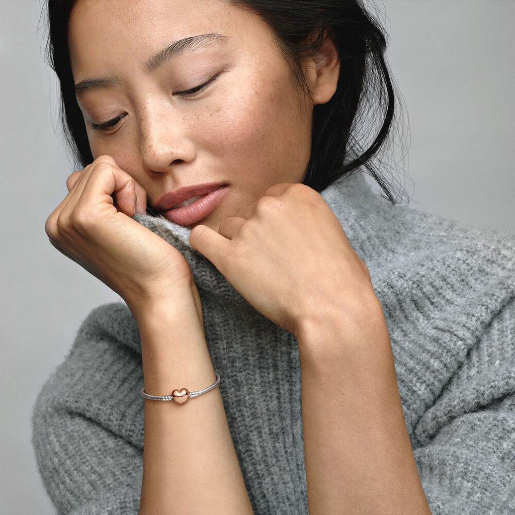 PANDORA : Pandora Moments Heart Clasp Snake Chain Bracelet in Sterling Silver & Rose Gold - Image 2