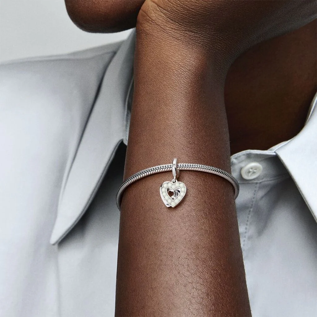 PANDORA : Pearlescent White Heart Double Dangle Charm - Image 3