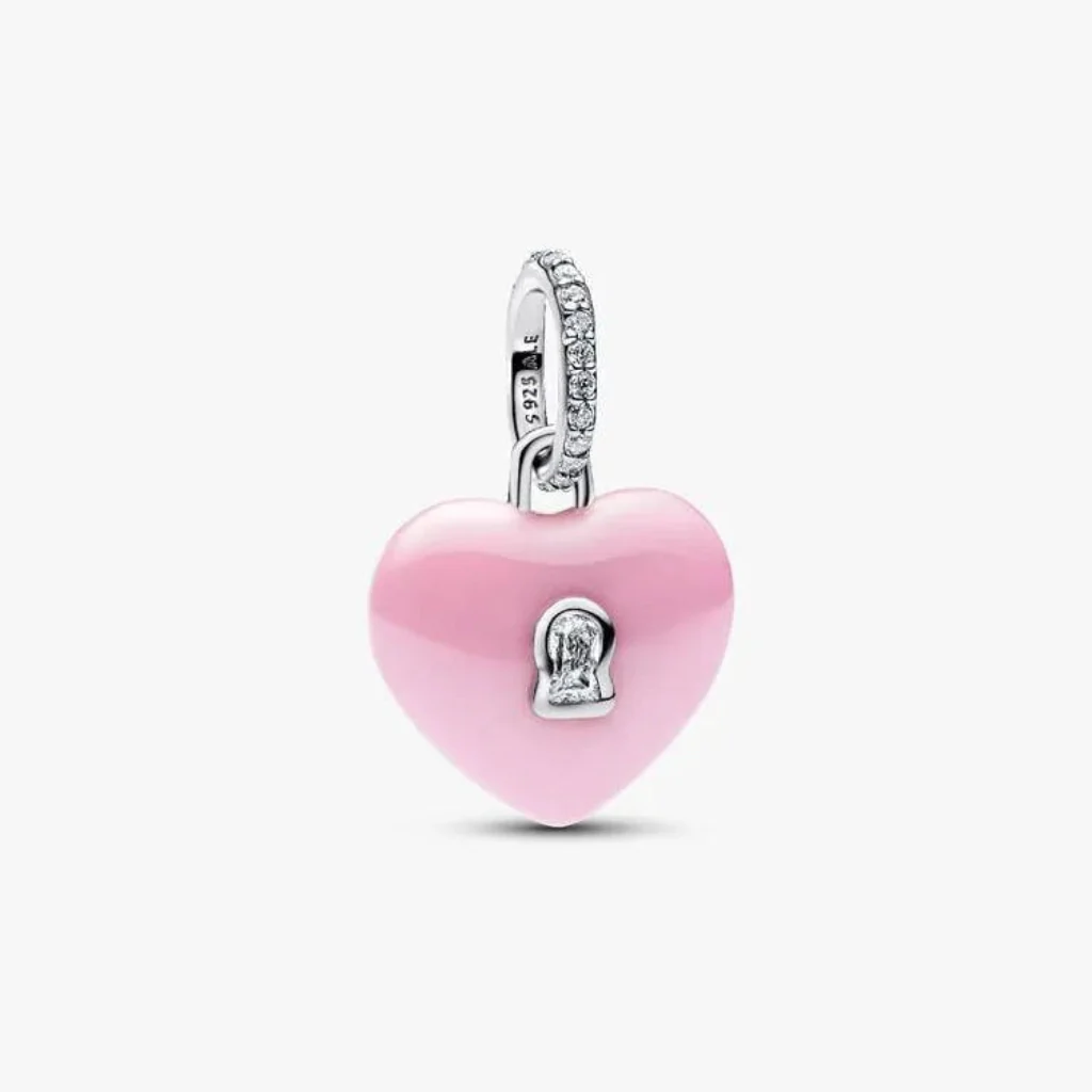 Pandora : Pink Ceramic Heart Padlock Dangle Charm