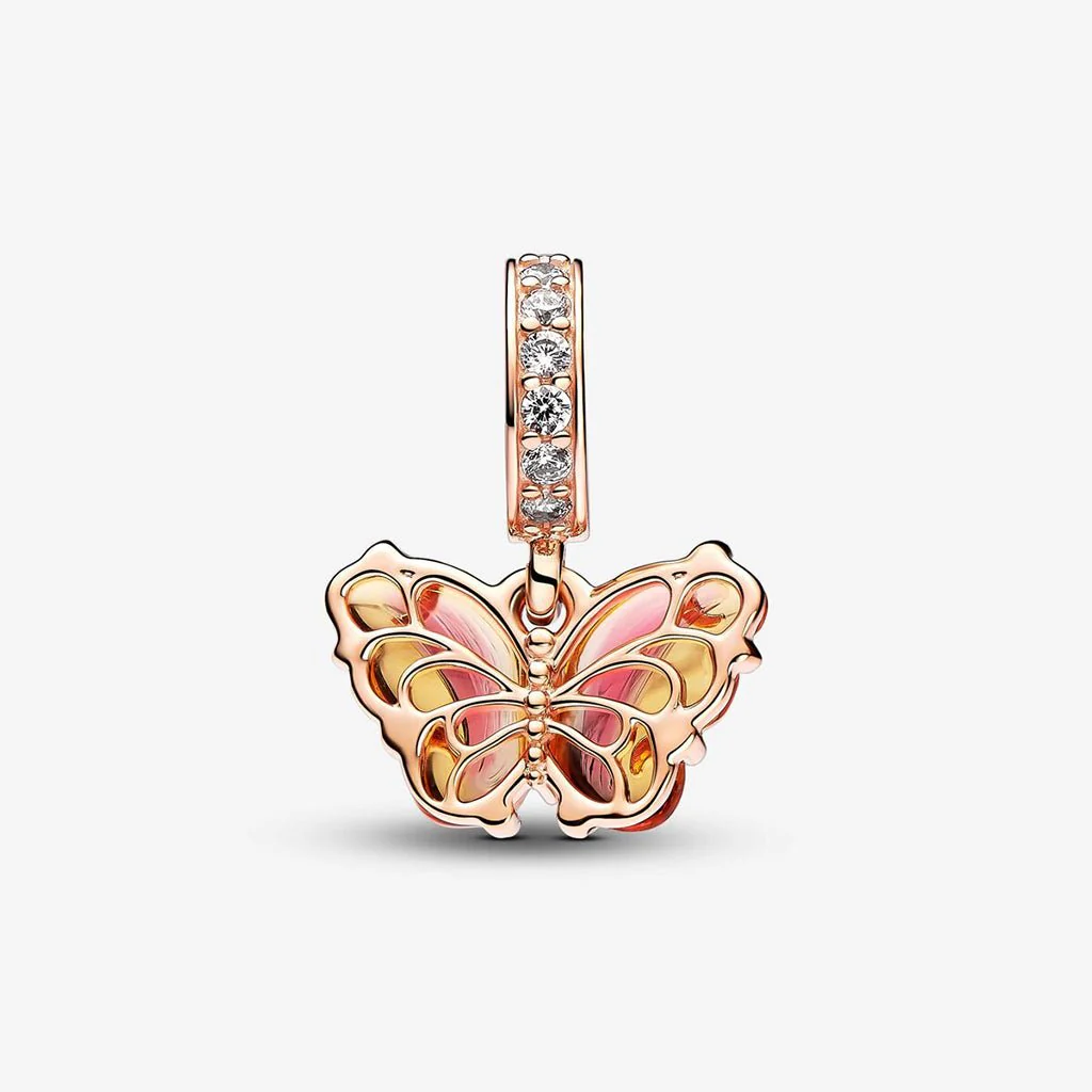 PANDORA : Pink & Yellow Murano Glass Butterfly Dangle Charm - Image 2