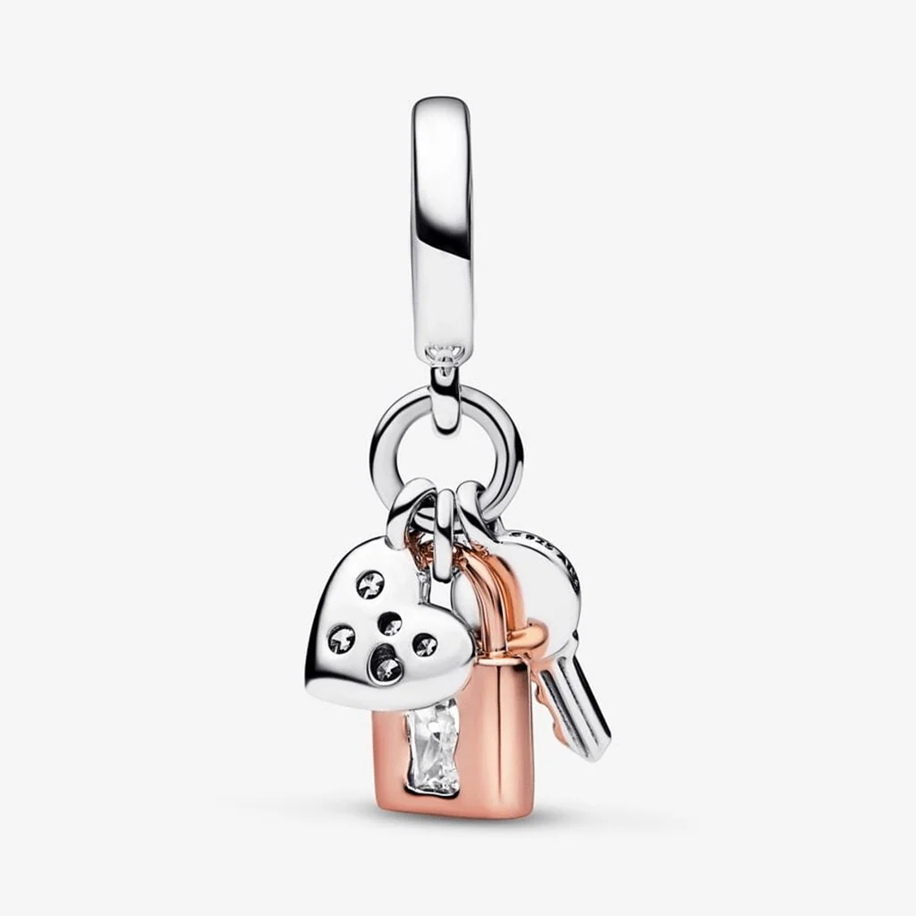 PANDORA : Two-tone Key, Padlock & Heart Triple Dangle Charm - Image 3