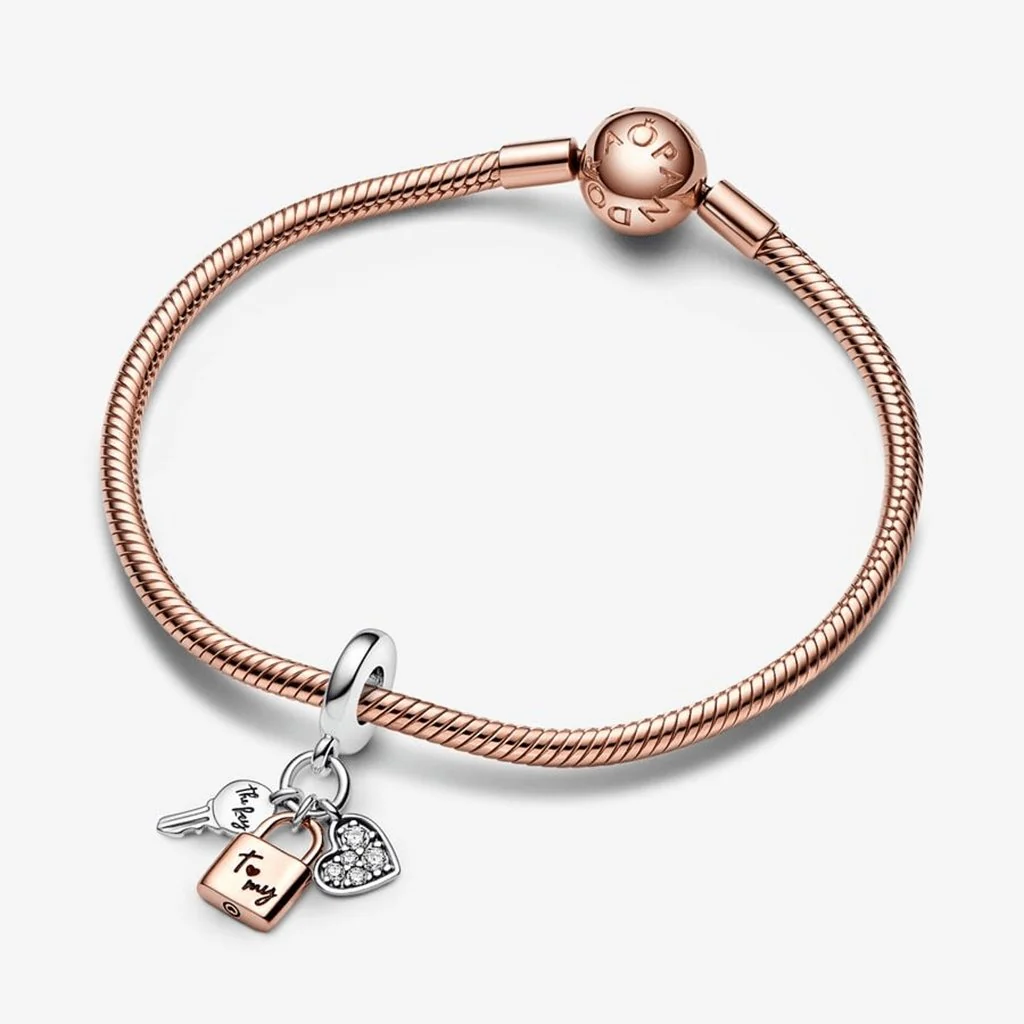 PANDORA : Two-tone Key, Padlock & Heart Triple Dangle Charm - Image 4