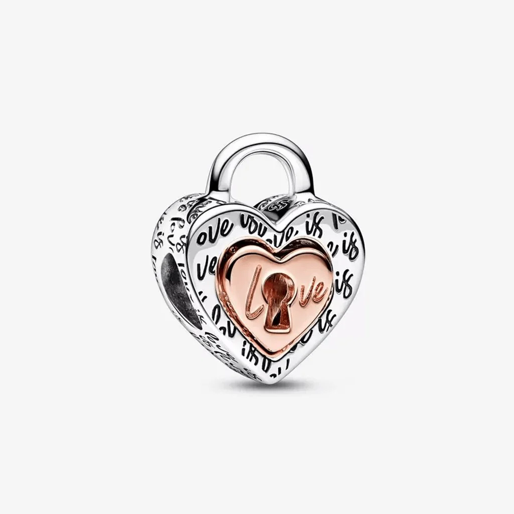 PANDORA : Two-tone Padlock Splittable Heart Charm - Sterling silver and 14k Rose gold-plated