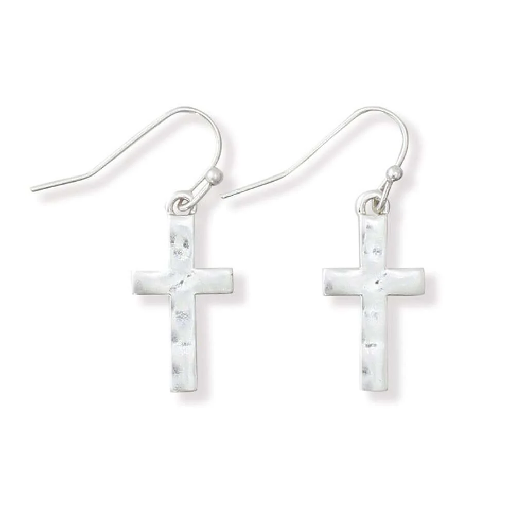 Periwinkle by Barlow : Hammered Matte Silver Crosses Earrings