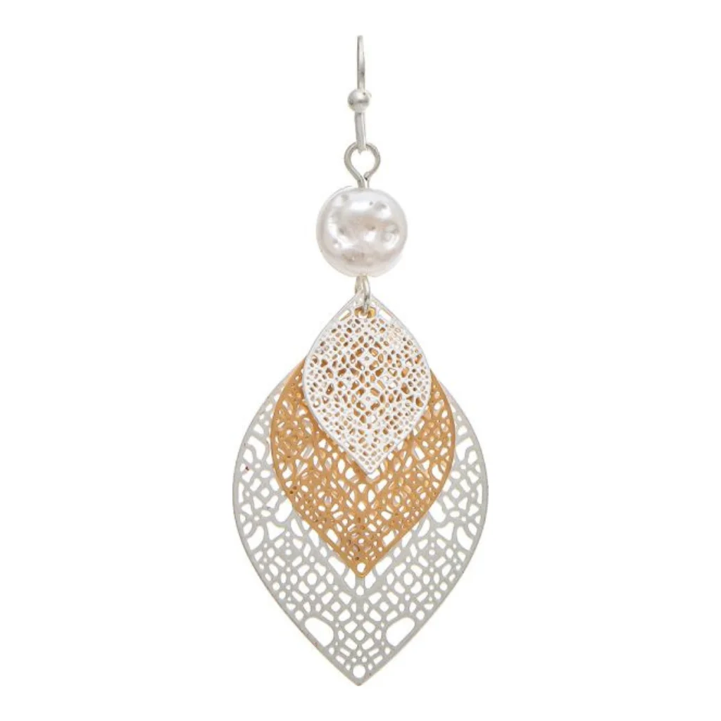 Rain Jewelry : Two Tone Layered Laser cut Filigree Leaves Earring