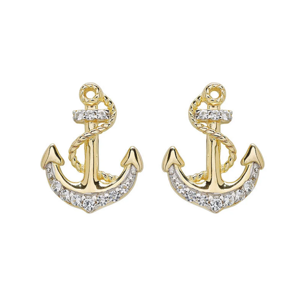 Shanore : 14kt Gold Vermeil white Sapphire Anchor Earrings
