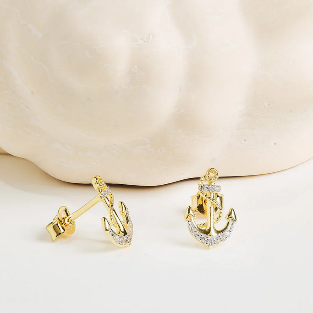Shanore : 14kt Gold Vermeil white Sapphire Anchor Earrings - Image 2