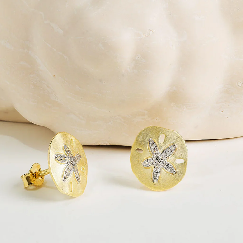 Shanore : 14kt Gold Vermeil White Sapphire Sand Dollar Earrings - Image 2