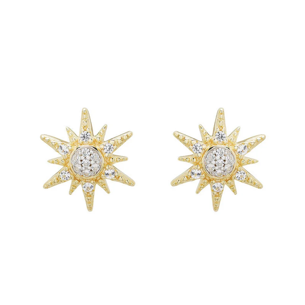 Shanore : 14kt Gold Vermeil white Sapphire Sun Earrings