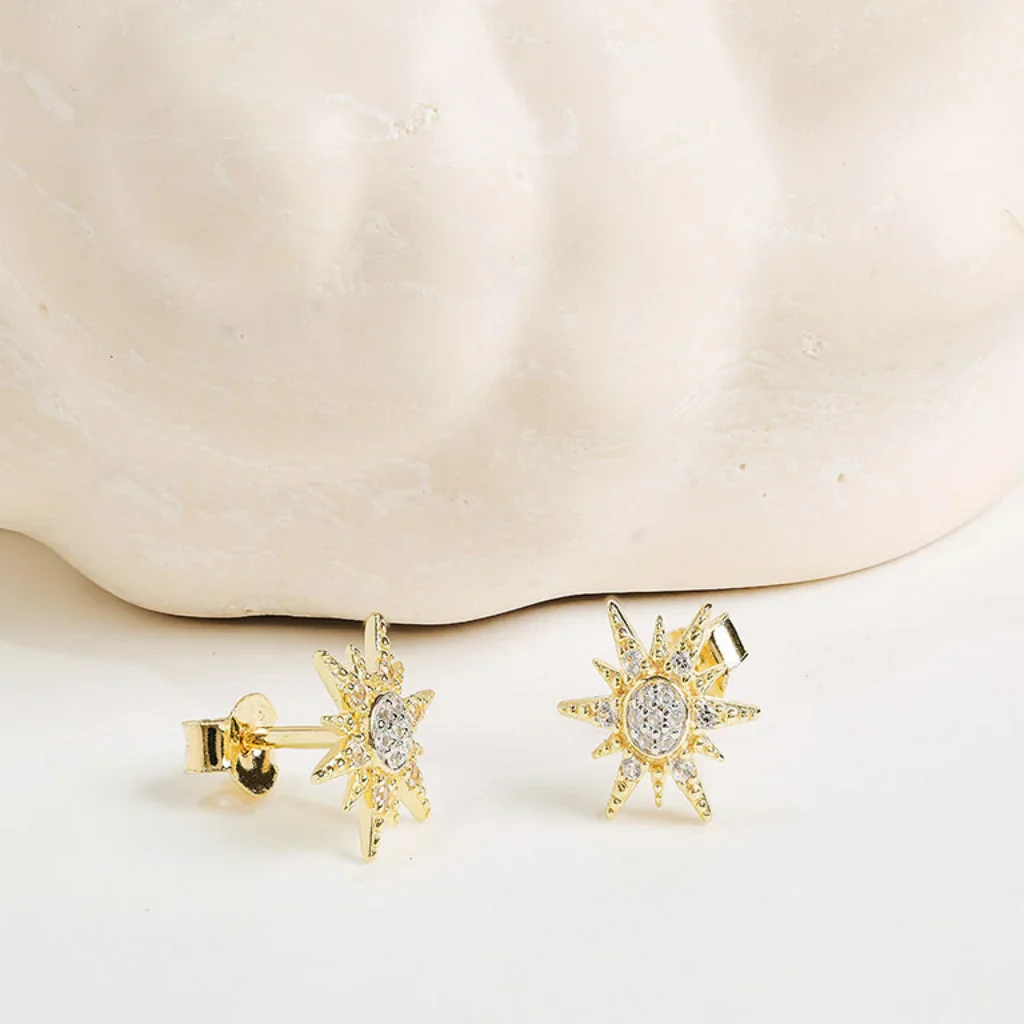 Shanore : 14kt Gold Vermeil white Sapphire Sun Earrings - Image 2