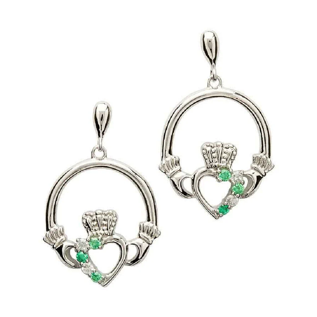 Shanore : Silver Green/Cz Claddagh Earrings