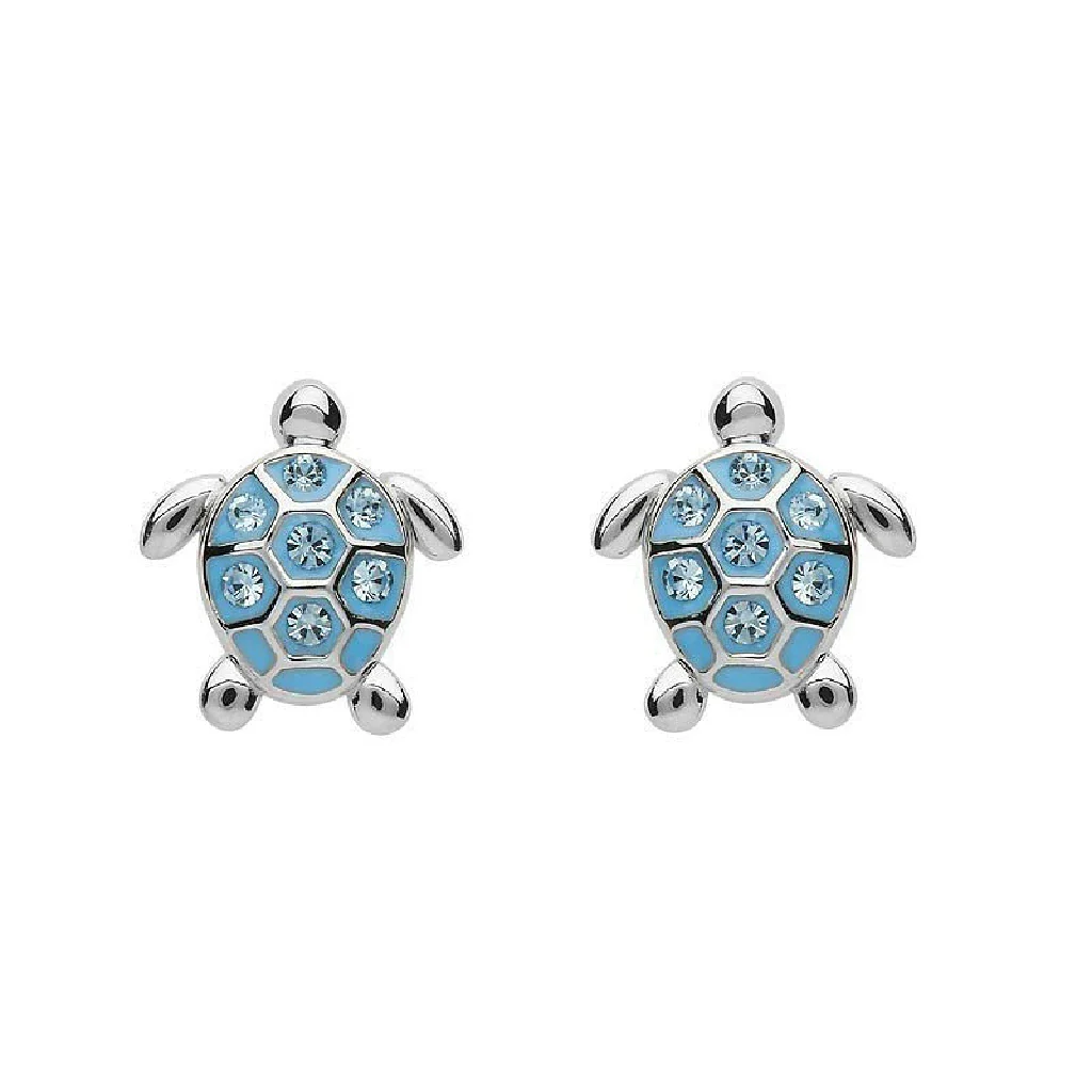 Shanore : Sterling Silver Stud Turtle Aqua Crystal Earrings