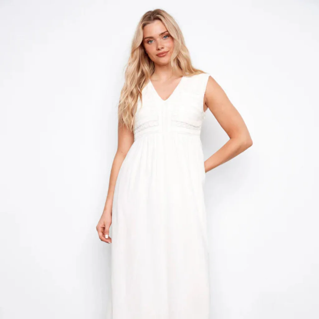 Charlie B : Embroidered Cotton Blend Maxi Dress Natural White - Image 2