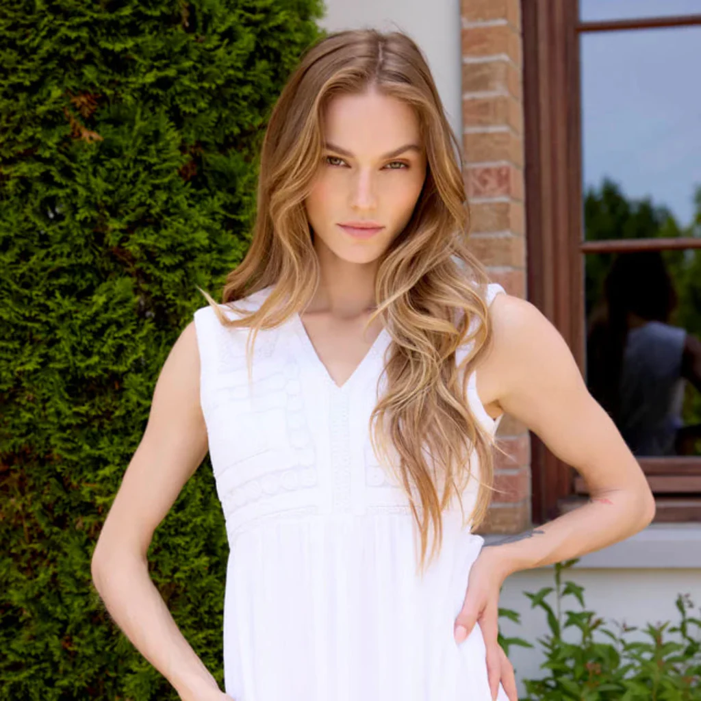 Charlie B : Embroidered Cotton Blend Maxi Dress Natural White - Image 3