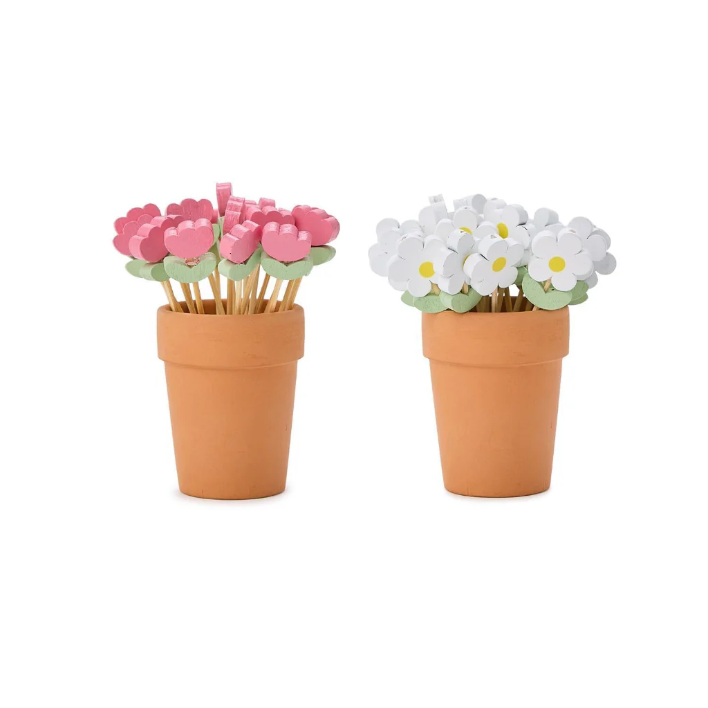 Twos Company : 16 Pc Flower Cocktail Picks in Flower Pot Holder